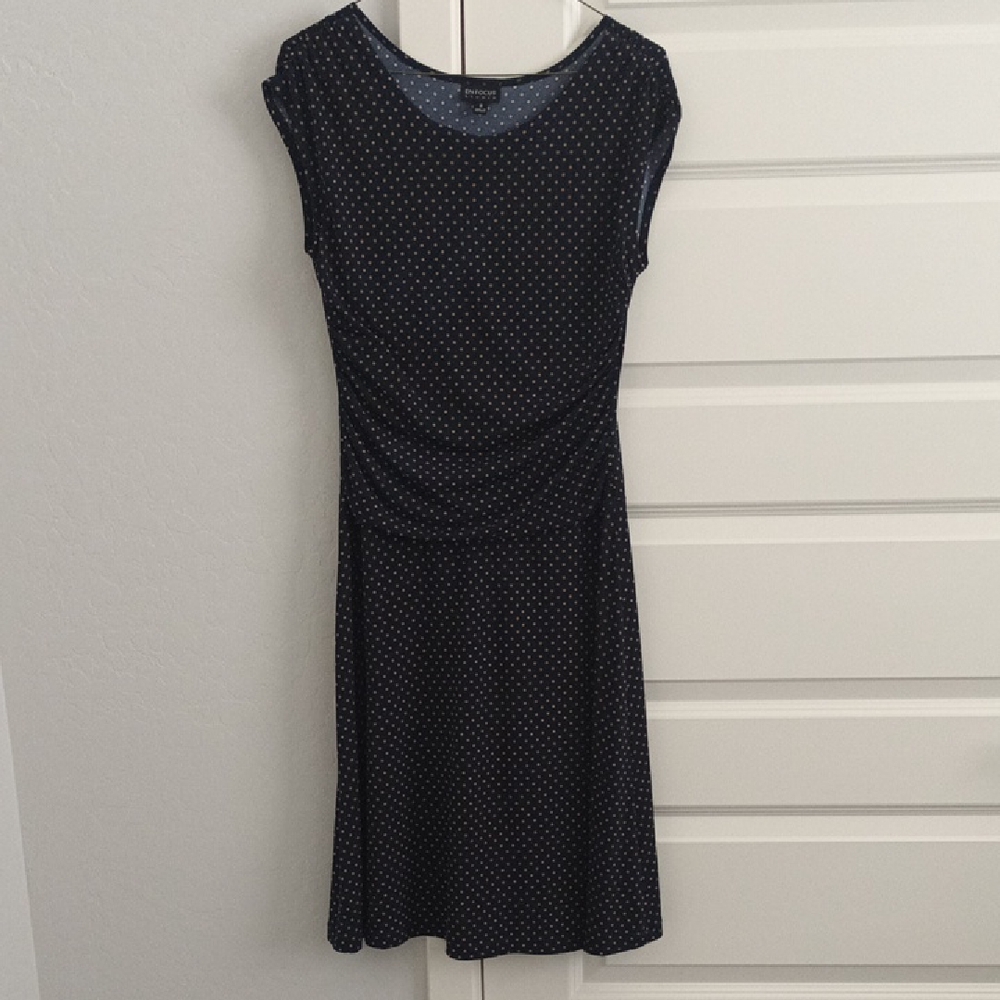 EnFocus Polka Dot Navy Midi Dress Ruched Sides Size 8